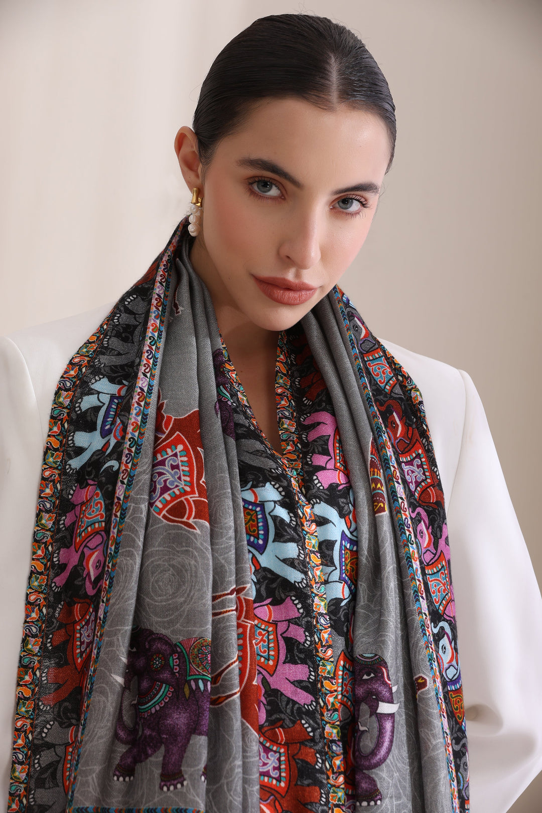 Happy Elephant Multicolor Faux Pashmina Stole 28x80