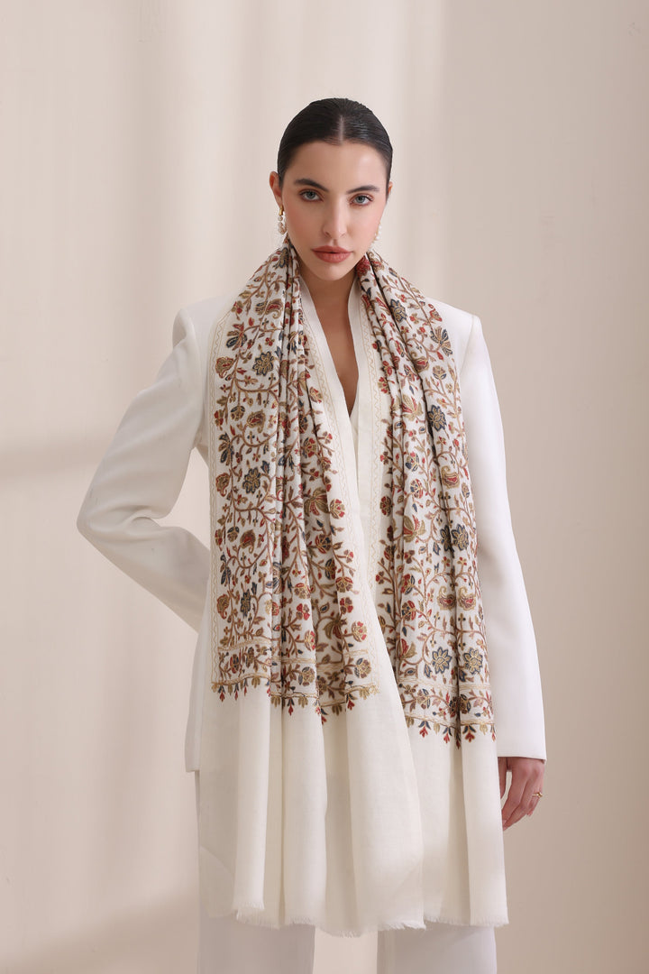 Exquisite Maya Stole: Allover Embroidered Ivory Cashmere Fine Wool 28x80
