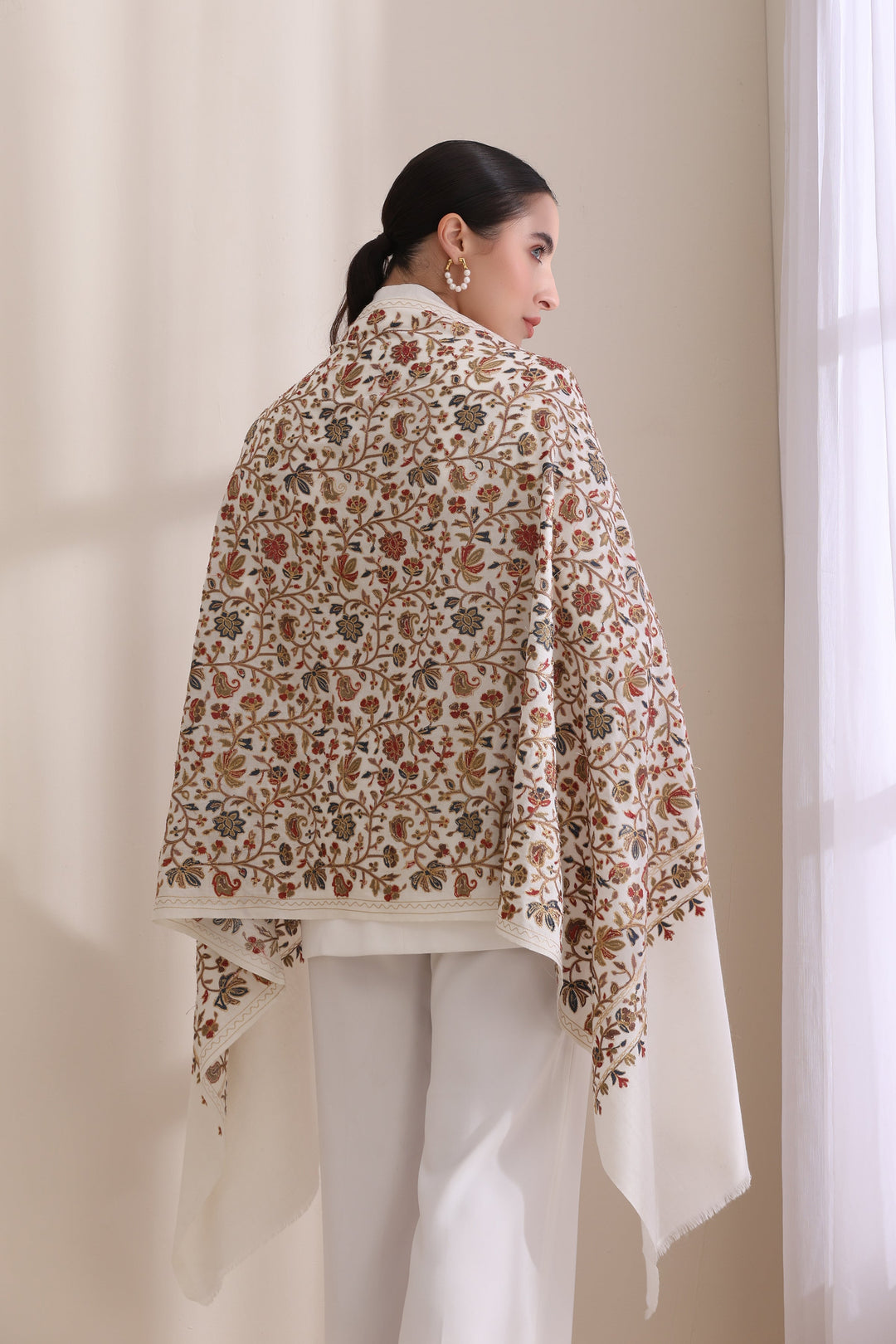 Exquisite Maya Stole: Allover Embroidered Ivory Cashmere Fine Wool 28x80