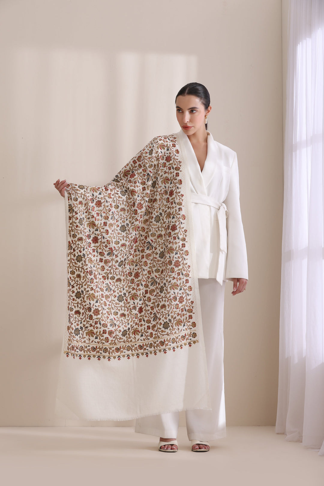 Exquisite Maya Stole: Allover Embroidered Ivory Cashmere Fine Wool 28x80