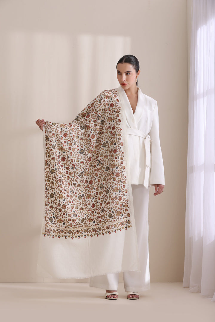 Exquisite Maya Stole: Allover Embroidered Ivory Cashmere Fine Wool 28x80