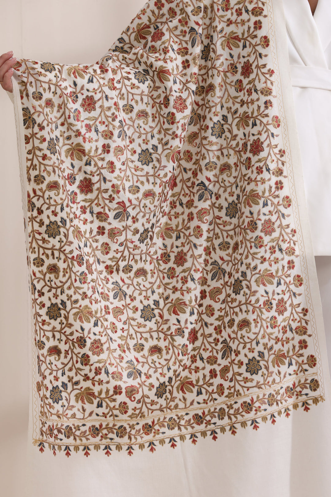 Exquisite Maya Stole: Allover Embroidered Ivory Cashmere Fine Wool 28x80