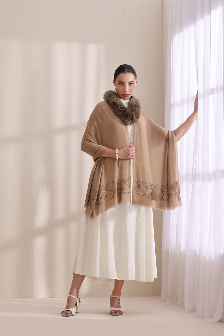 Exquisite Beige Cashmere Stole with Hannah Collared Fur and Intricate Stone Palla Work, Beige 28x80