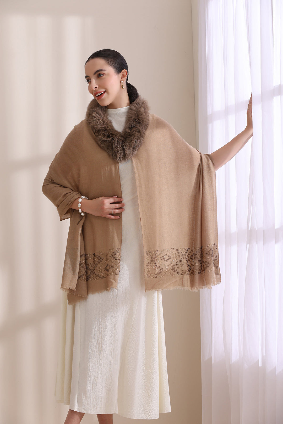 Exquisite Beige Cashmere Stole with Hannah Collared Fur and Intricate Stone Palla Work, Beige 28x80