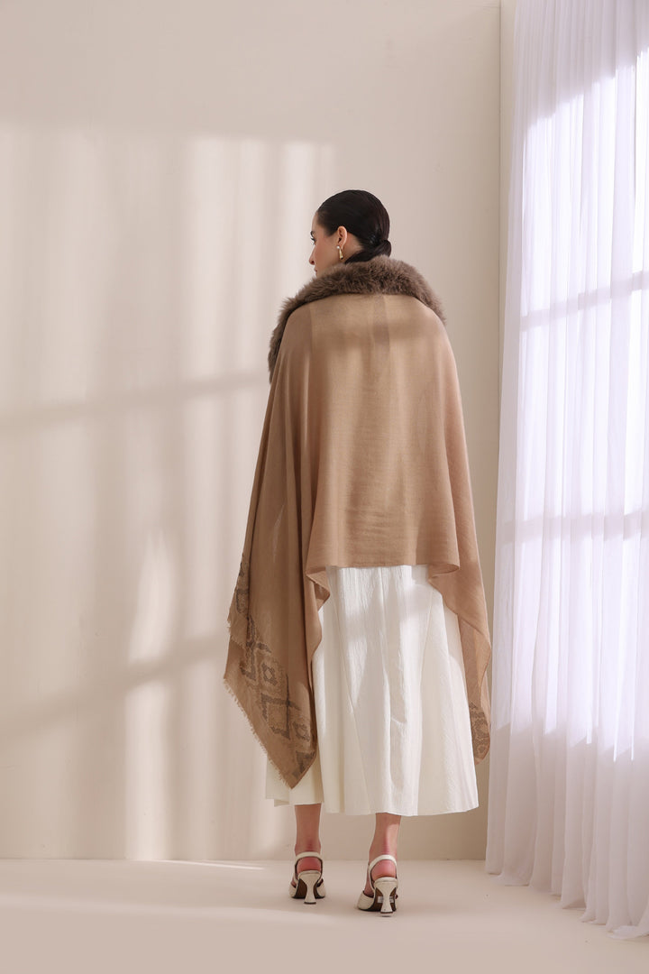 Exquisite Beige Cashmere Stole with Hannah Collared Fur and Intricate Stone Palla Work, Beige 28x80