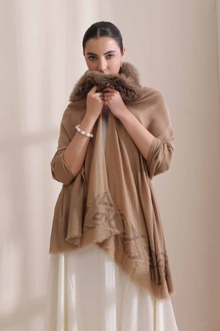 Exquisite Beige Cashmere Stole with Hannah Collared Fur and Intricate Stone Palla Work, Beige 28x80
