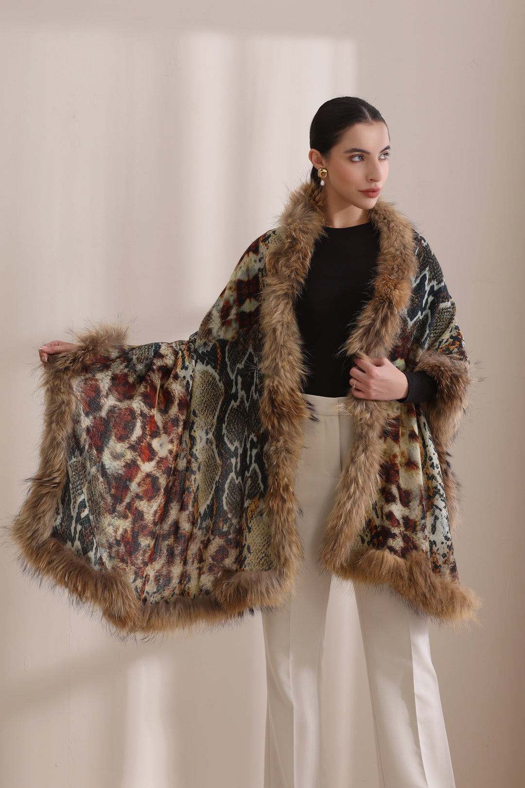 Iris Cashmere Animal Printed Stole With High Quality Fur Stole 28x80