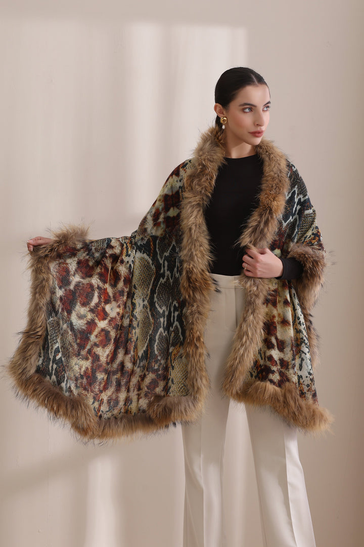 Iris Cashmere Animal Printed Stole With High Quality Fur Stole 28x80