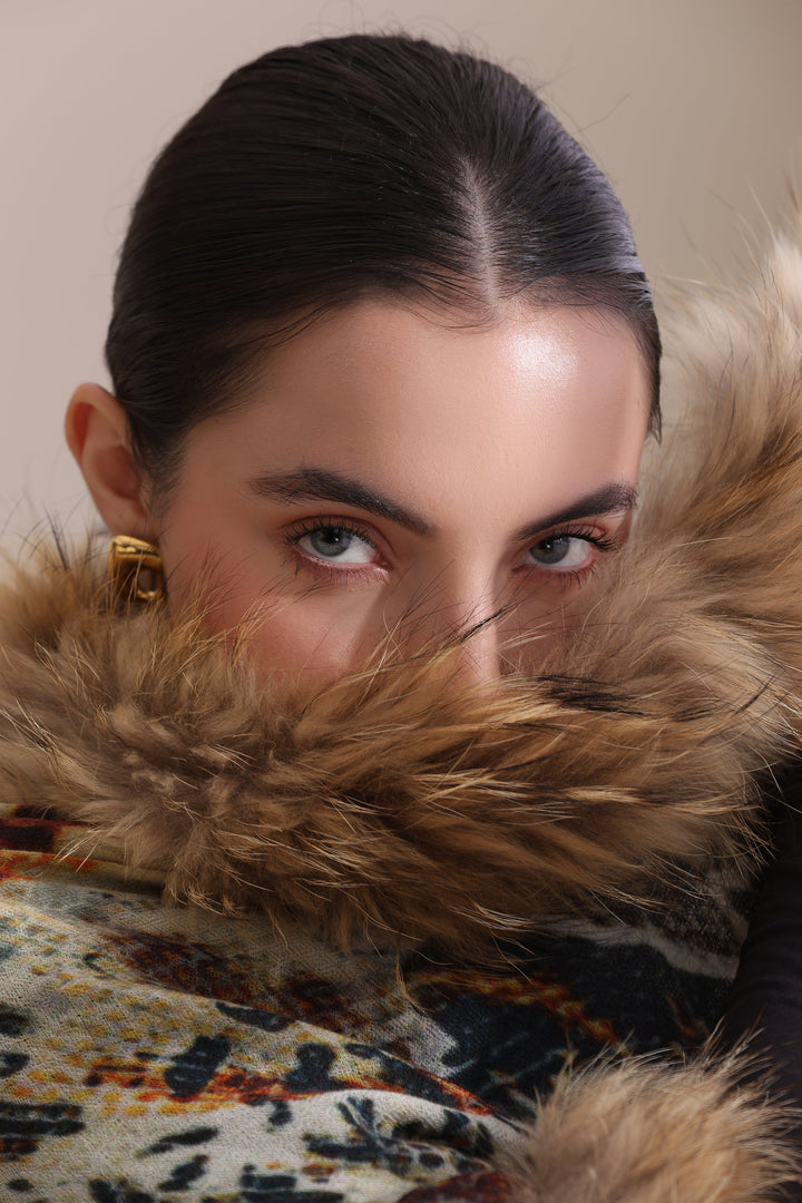 Iris Cashmere Animal Printed Stole With High Quality Fur Stole 28x80