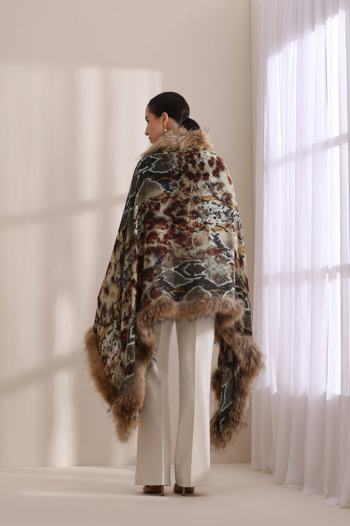 Iris Cashmere Animal Printed Stole With High Quality Fur Stole 28x80