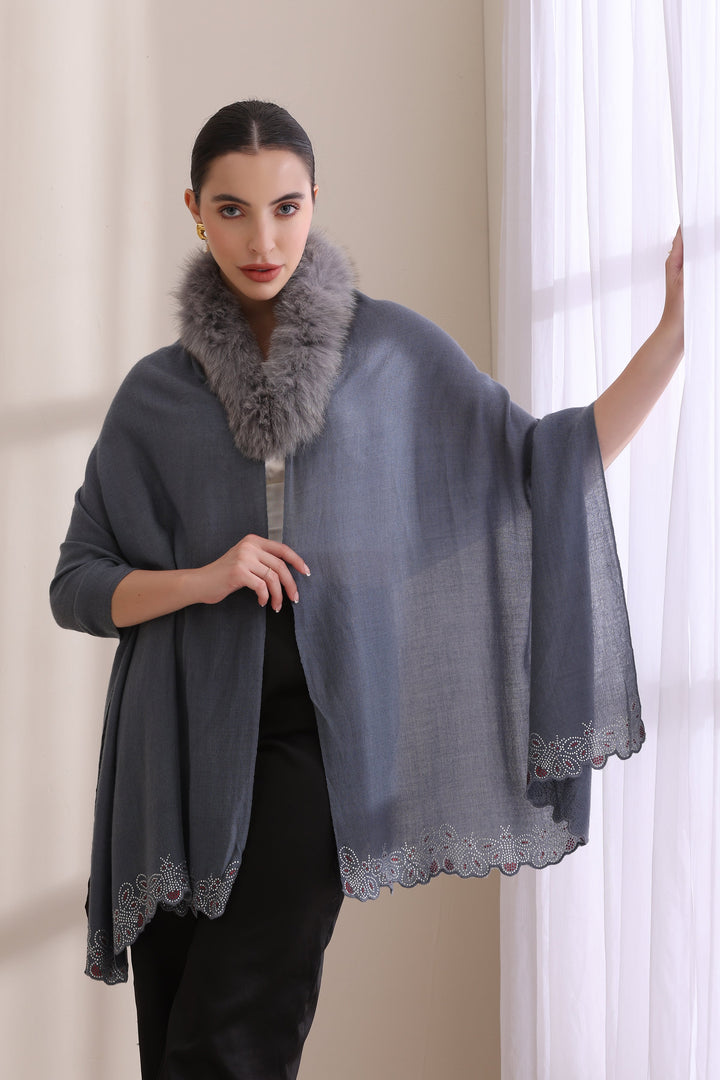 Naira Cream Cashmere Fine Wool Stole with Fur and Stone Border