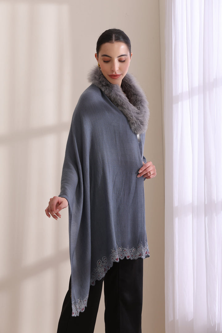 Naira Cream Cashmere Fine Wool Stole with Fur and Stone Border