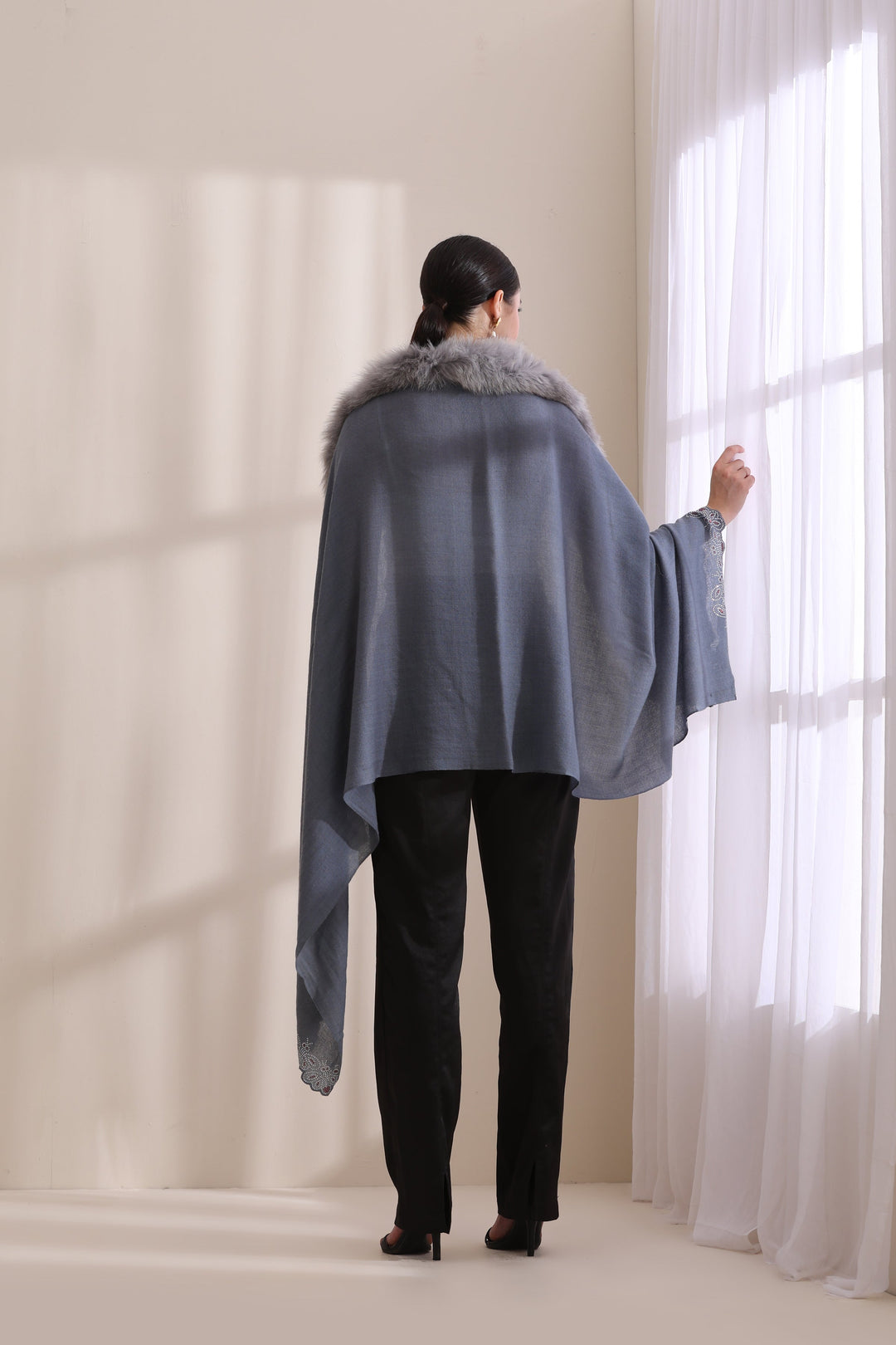 Naira Cream Cashmere Fine Wool Stole with Fur and Stone Border