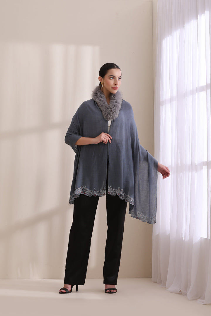 Naira Cream Cashmere Fine Wool Stole with Fur and Stone Border