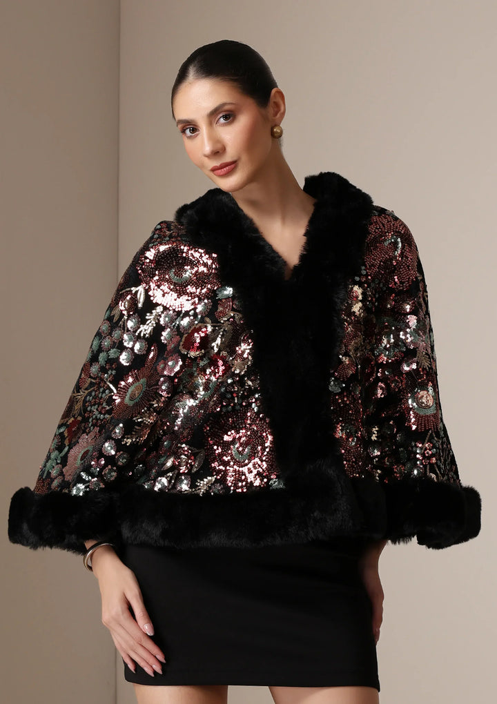 Aurora Sequin Vegan Fur Cape | SHOBITAM
