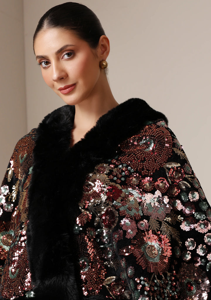 Aurora Sequin Vegan Fur Cape | SHOBITAM