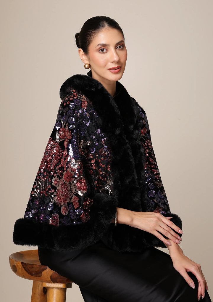 Aurora Sequin Vegan Fur Cape | SHOBITAM