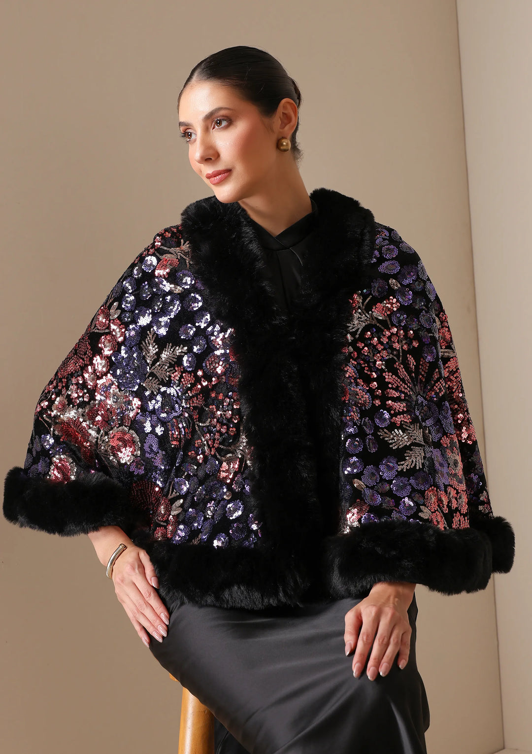 Aurora Sequin Vegan Fur Cape | SHOBITAM