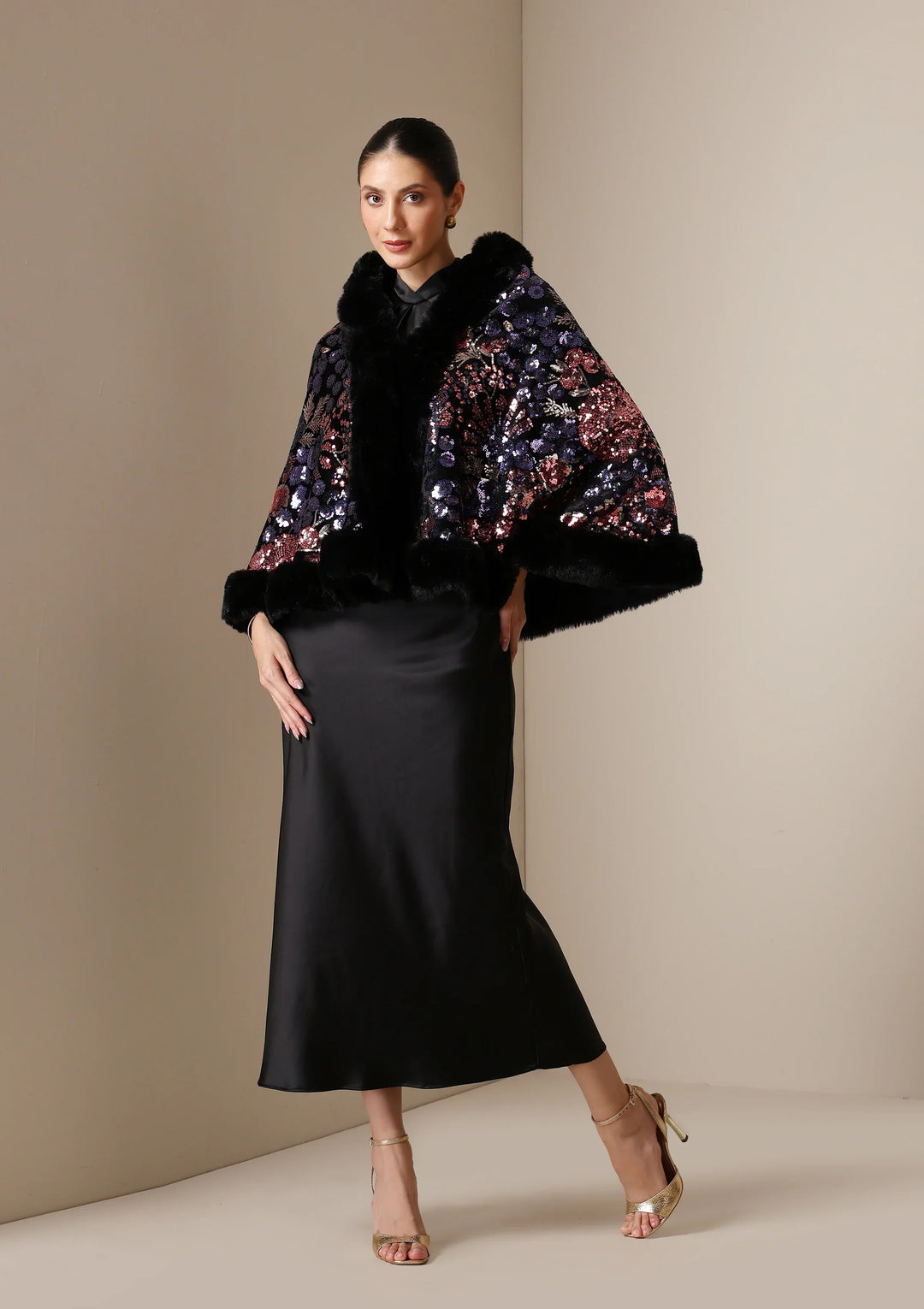 Aurora Sequin Vegan Fur Cape | SHOBITAM