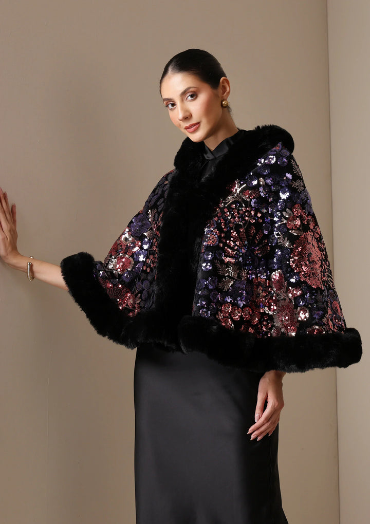 Aurora Sequin Vegan Fur Cape | SHOBITAM