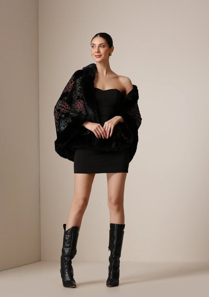 Noir Bloom Vegan Fur Cape | SHOBITAM