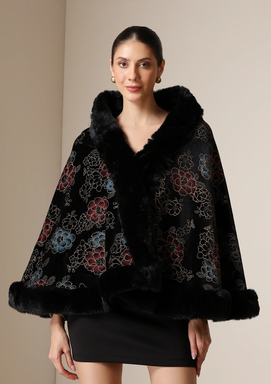 Noir Bloom Vegan Fur Cape | SHOBITAM