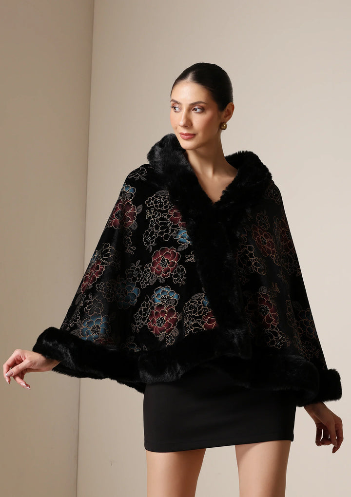 Noir Bloom Vegan Fur Cape | SHOBITAM