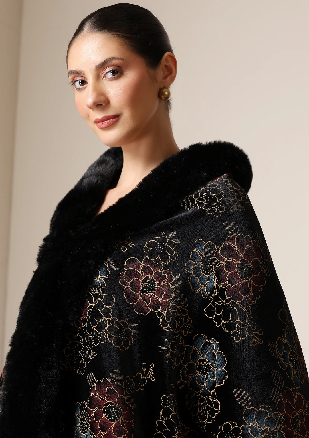 Noir Bloom Vegan Fur Cape | SHOBITAM