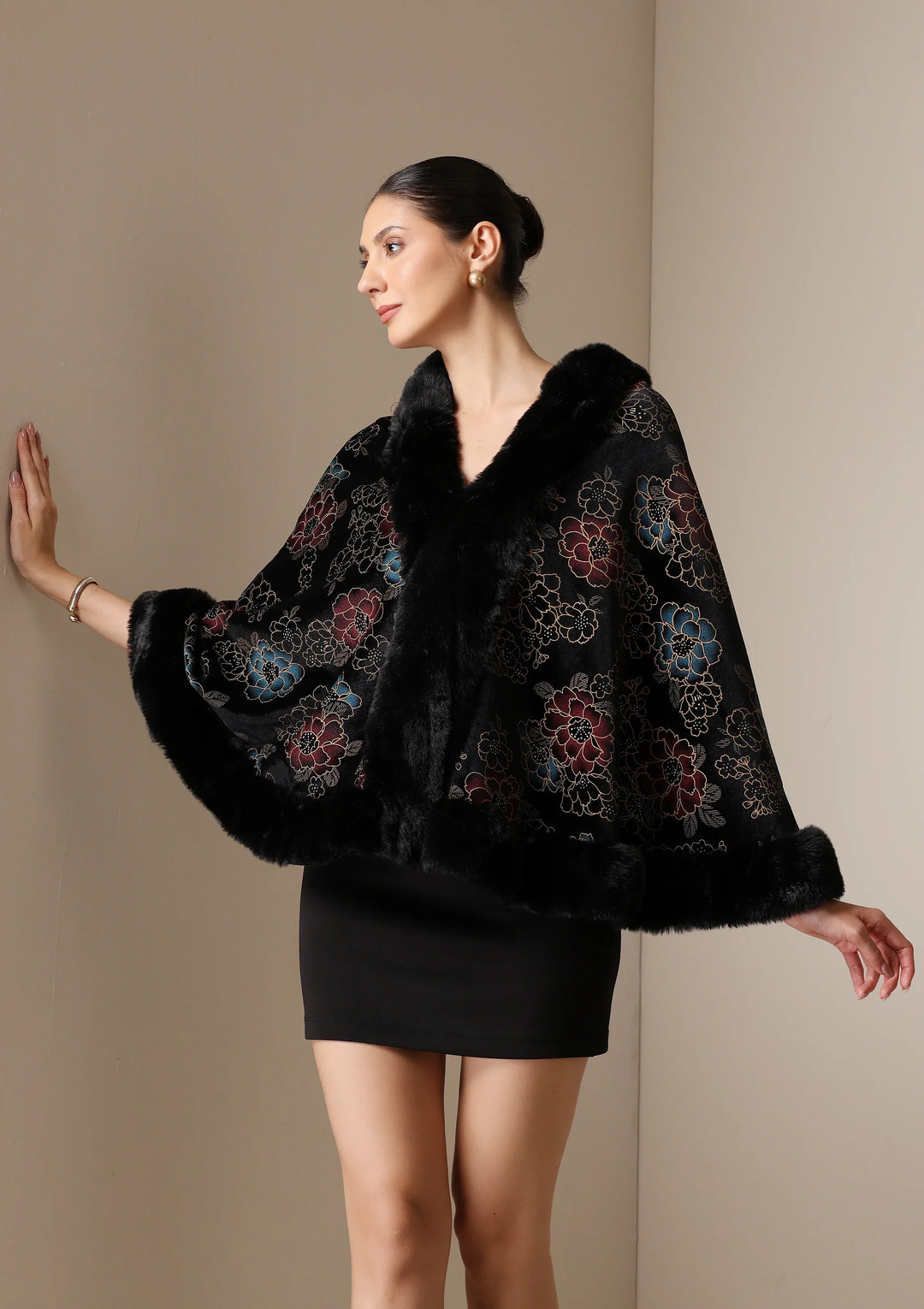 Noir Bloom Vegan Fur Cape | SHOBITAM