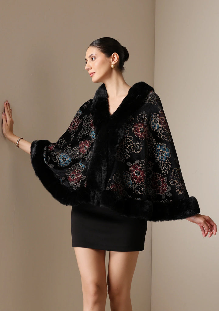 Noir Bloom Vegan Fur Cape | SHOBITAM