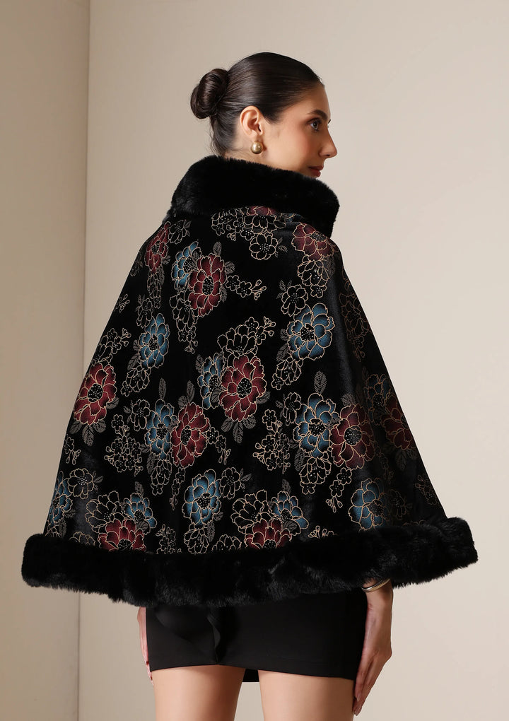 Noir Bloom Vegan Fur Cape | SHOBITAM