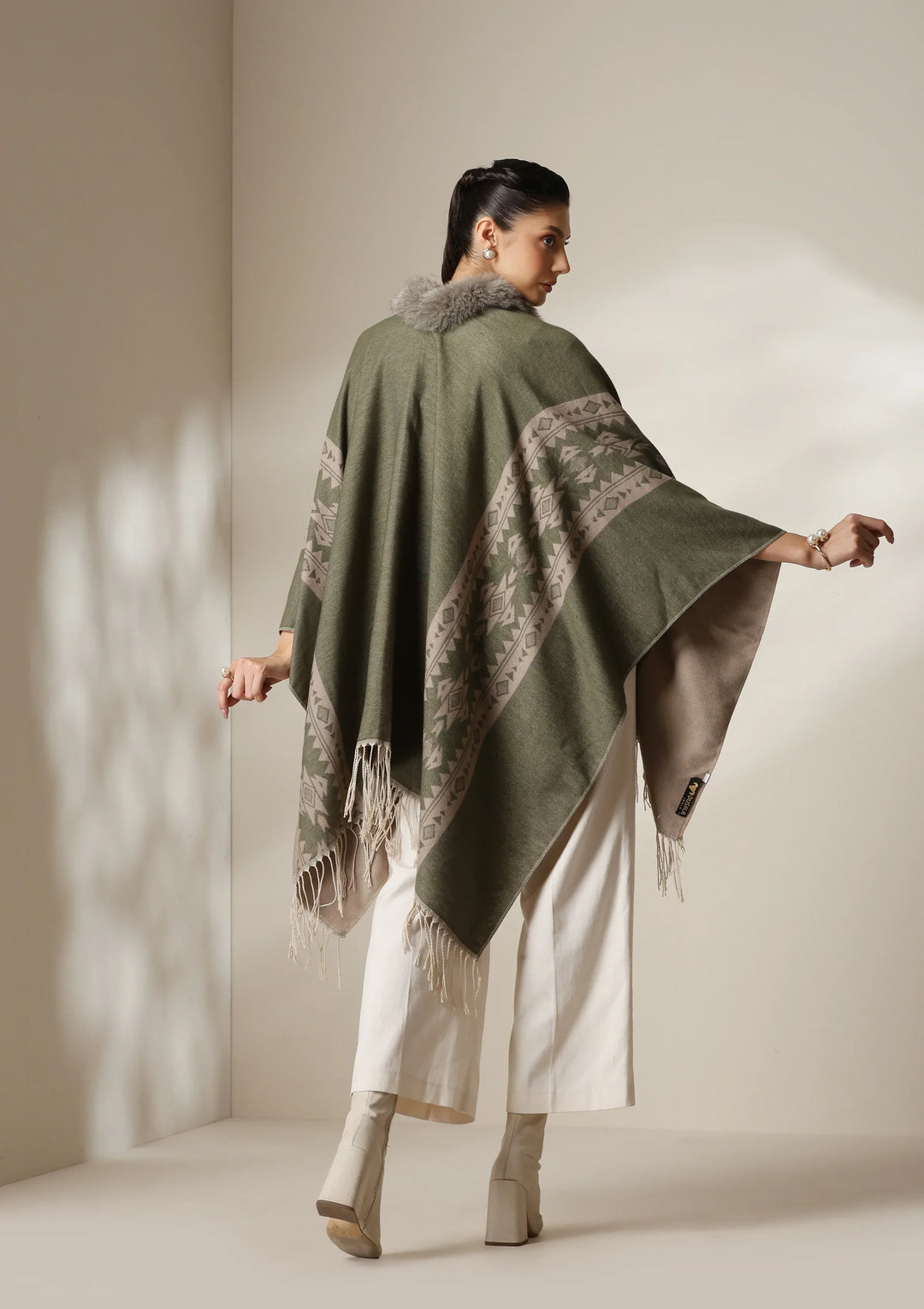 Olive Mist Vegan Fur Cape | SHOBITAM