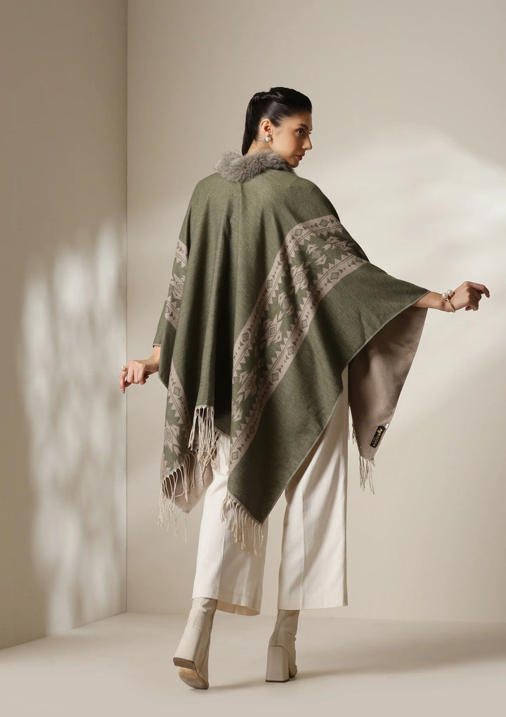 Olive Mist Vegan Fur Cape | SHOBITAM