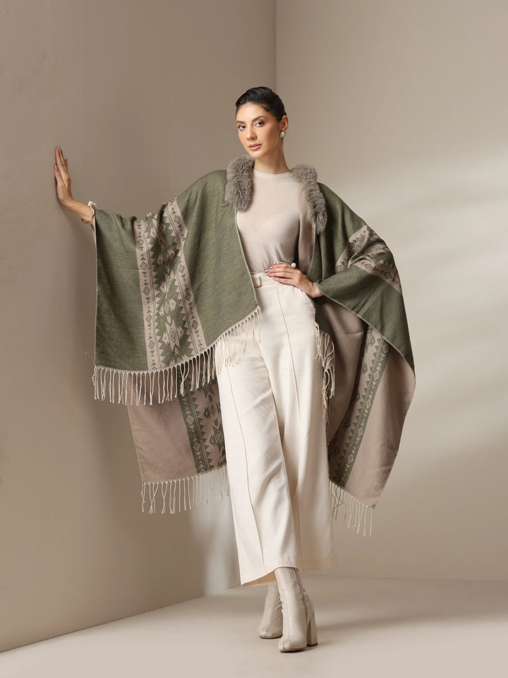Olive Mist Vegan Fur Cape | SHOBITAM