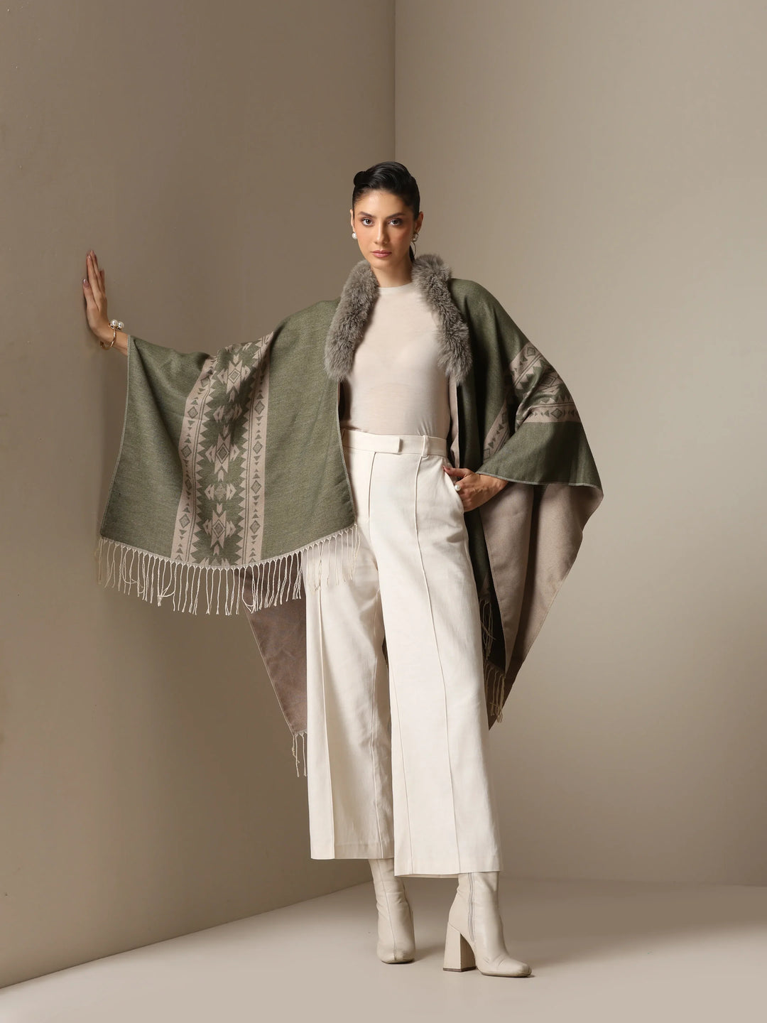 Olive Mist Vegan Fur Cape | SHOBITAM