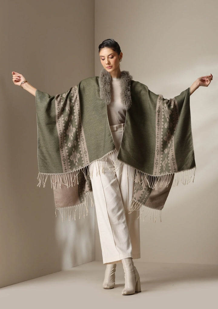 Olive Mist Vegan Fur Cape | SHOBITAM