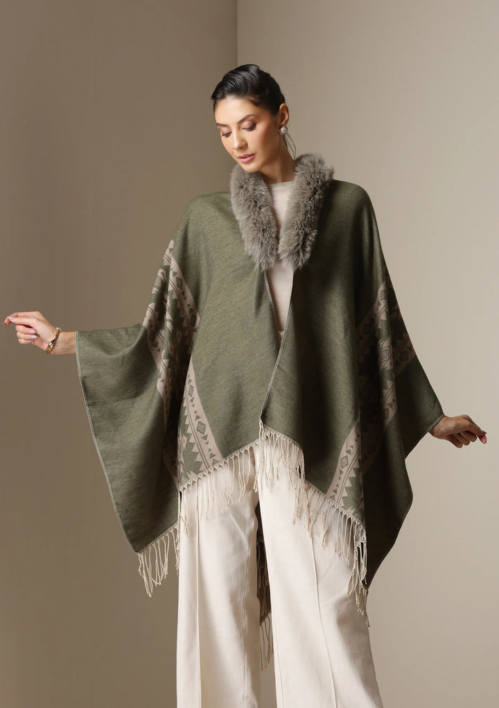Olive Mist Vegan Fur Cape | SHOBITAM