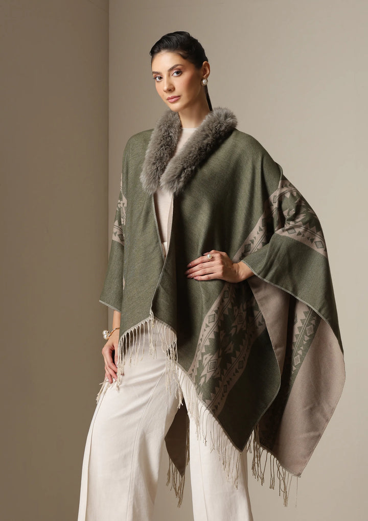 Olive Mist Vegan Fur Cape | SHOBITAM