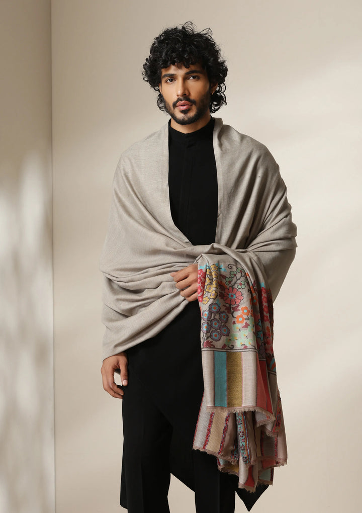 Ivory Bloom Pashmina Silk kani Shawl for Men | SHOBITAM