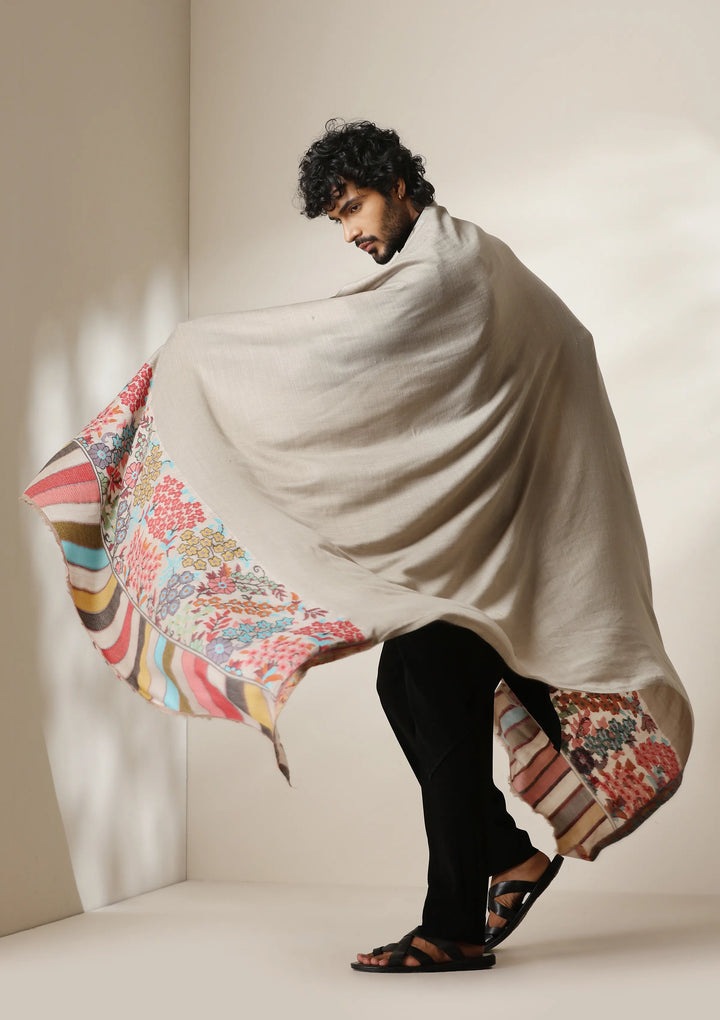 Ivory Bloom Pashmina Silk kani Shawl for Men | SHOBITAM