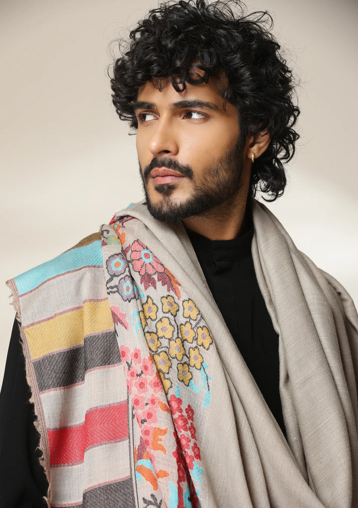 Ivory Bloom Pashmina Silk kani Shawl for Men | SHOBITAM