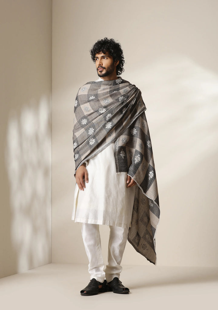 Grey Heritage Kani Check Shawl for Men & Women | SHOBITAM