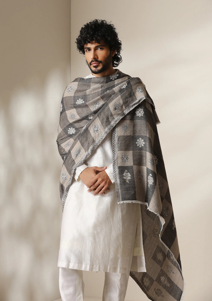 Grey Heritage Kani Check Shawl for Men & Women | SHOBITAM