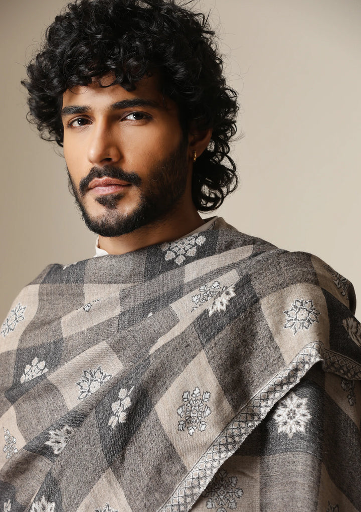 Grey Heritage Kani Check Shawl for Men & Women | SHOBITAM
