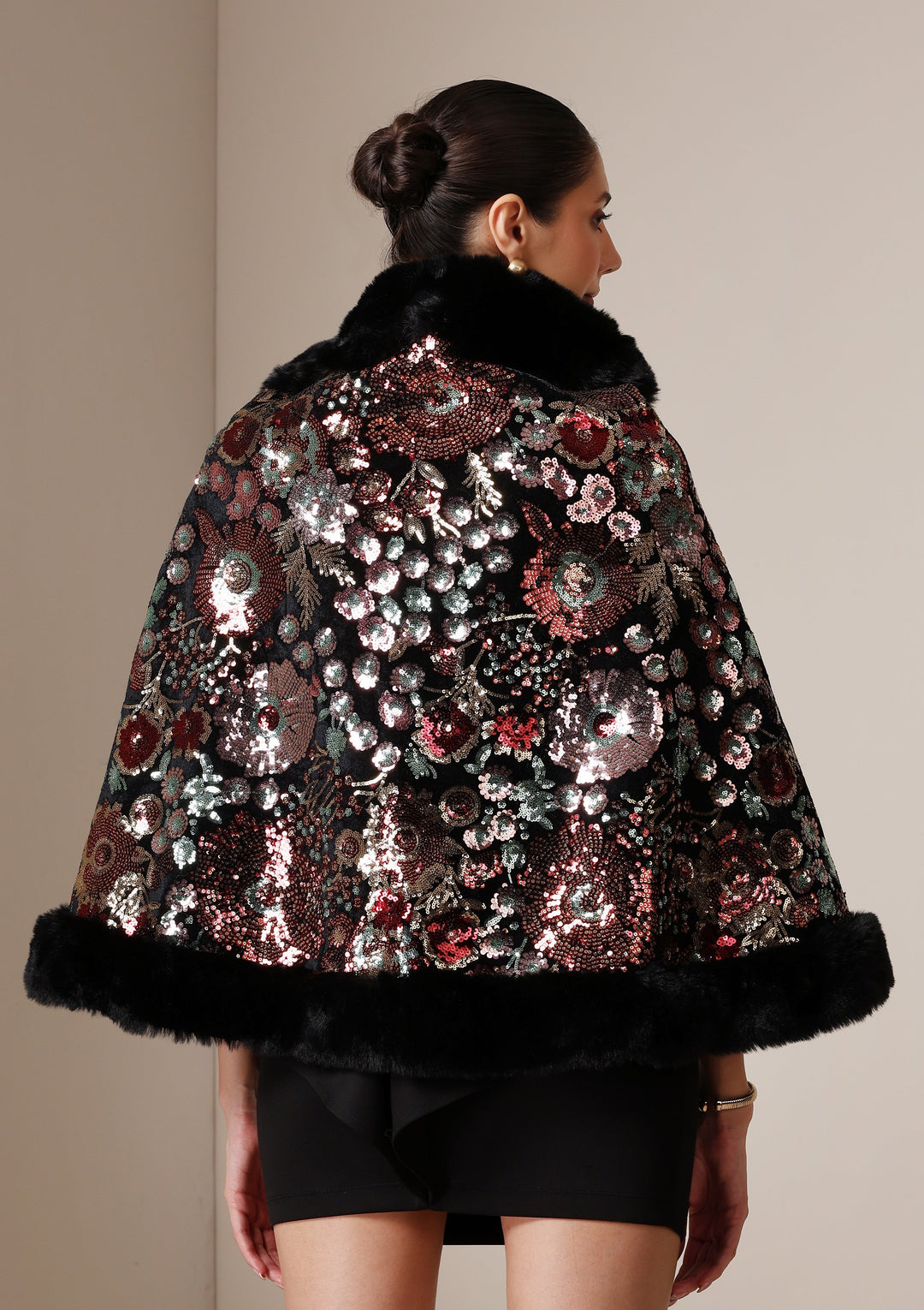 Imperial Bloom Fur-Trim Cape Wrap | SHOBITAM