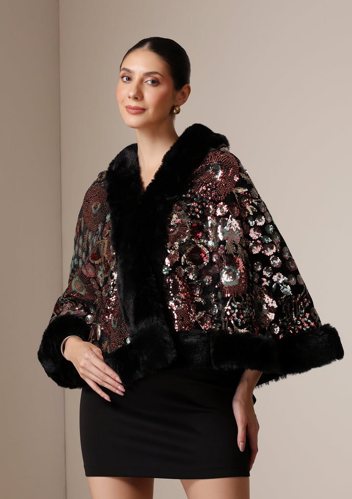 Imperial Bloom Fur-Trim Cape Wrap | SHOBITAM