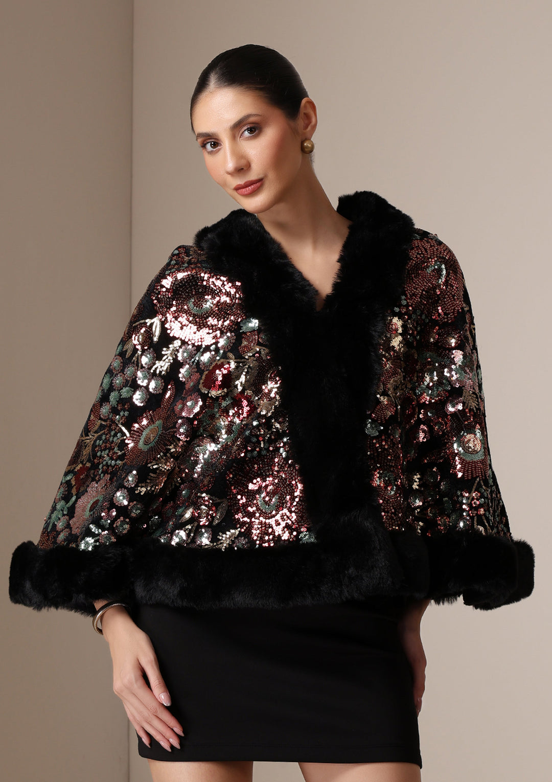 Imperial Bloom Fur-Trim Cape Wrap | SHOBITAM