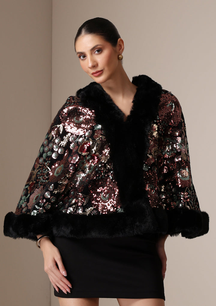 Imperial Bloom Fur-Trim Cape Wrap | SHOBITAM