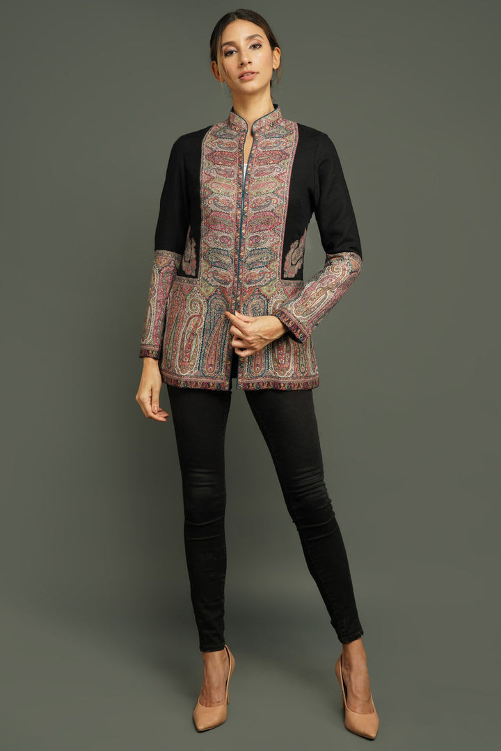 Kashmiri Jamawar Buta Black Jacket for Women | Made To Order