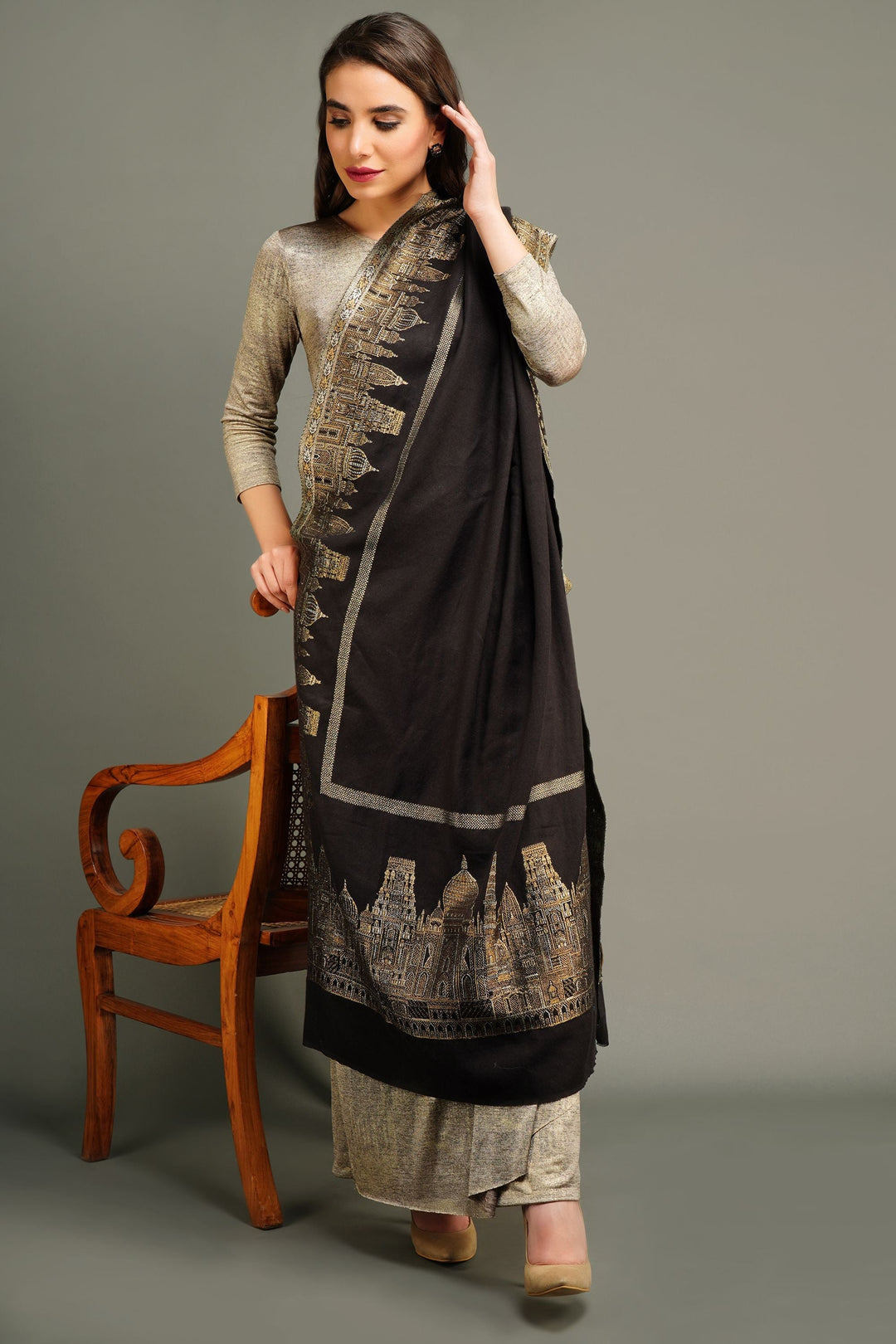Pashmina Gold Resham Aari Thread Work Shawl for Men & Women | SHOBITAM